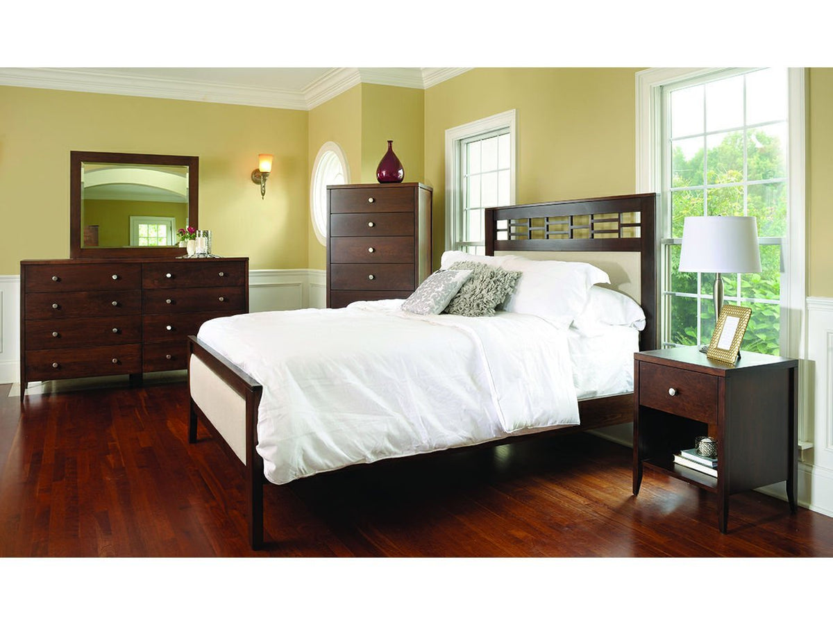 Warm bedroom set with lattice headboard bed, nightstand, mirrored dresser and tall chest of drawers