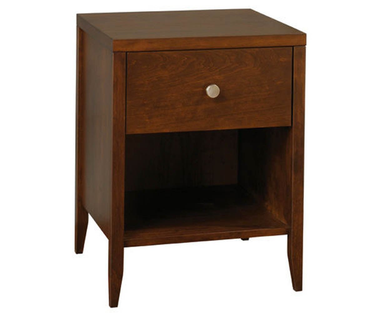 Northampton open nightstand in medium brown cherry with a single drawer, round nickel knob, open shelf below and tapered legs