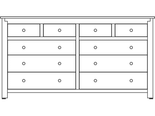 Line drawing of the Poughkeepsie 10-drawer dresser showing four small top drawers over six wide drawers with round knobs