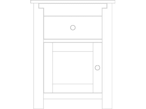 Line drawing of the Poughkeepsie door nightstand with one top drawer above a single paneled door and square corner posts