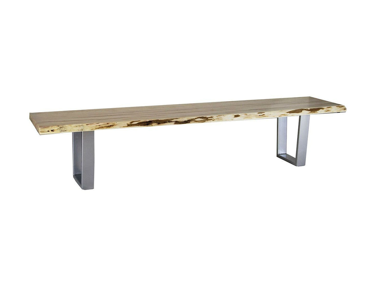 Quebec live edge dining bench with a natural wood slab seat, pale sapwood edges and brushed stainless steel U-shaped legs