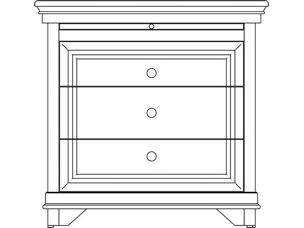 Line drawing of the Santa Ana three-drawer nightstand with a pullout tray shelf above three paneled drawers and bracket feet