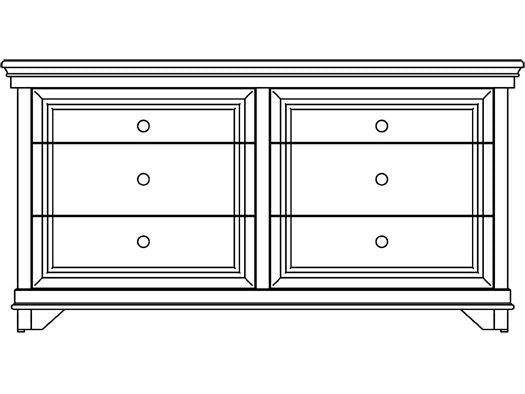 Line drawing of the Santa Ana six-drawer dresser showing two banks of three framed drawers with round knobs and crown molding