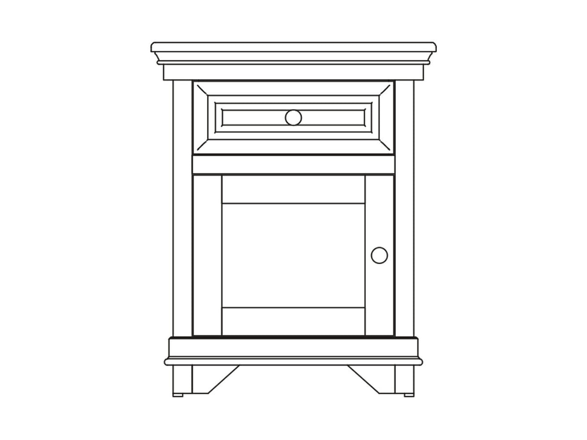 Line drawing of the Santa Ana door nightstand showing one paneled drawer above a hinged door with round knob and molded base