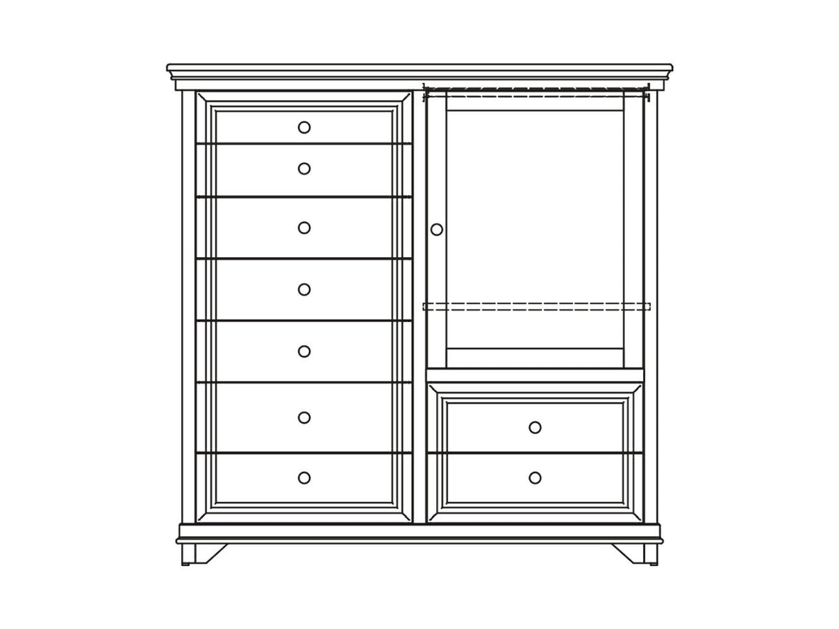 Line drawing of the Santa Ana gentleman's chest with seven drawers beside a hanging wardrobe door and two lower drawers