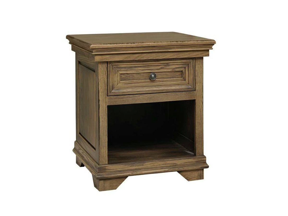 Santa Ana open nightstand in light oak with one paneled drawer above an open storage cubby and a molded bracket base