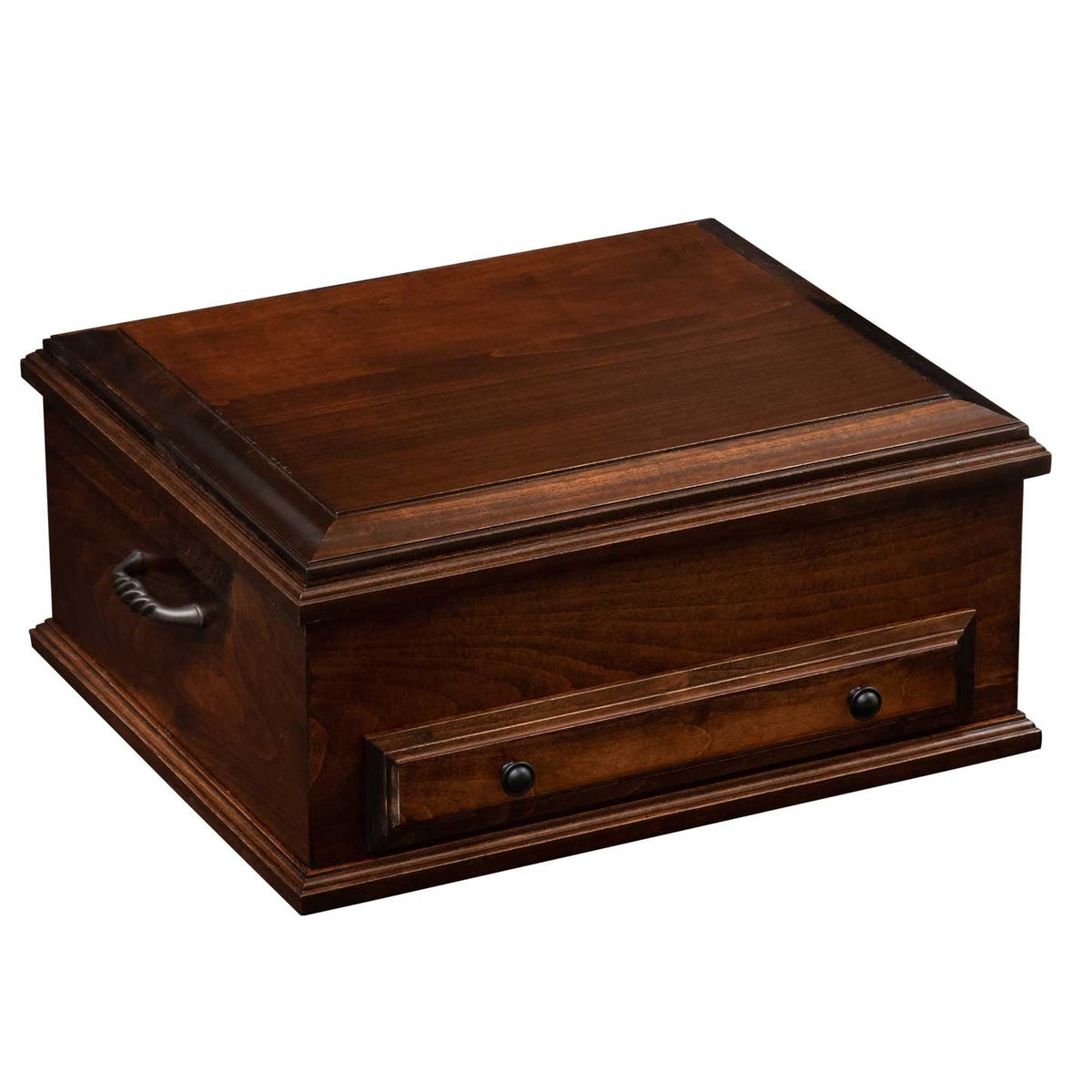 Closed walnut silverware chest with a beveled lift lid, single drawer, black knobs and wrought iron handle