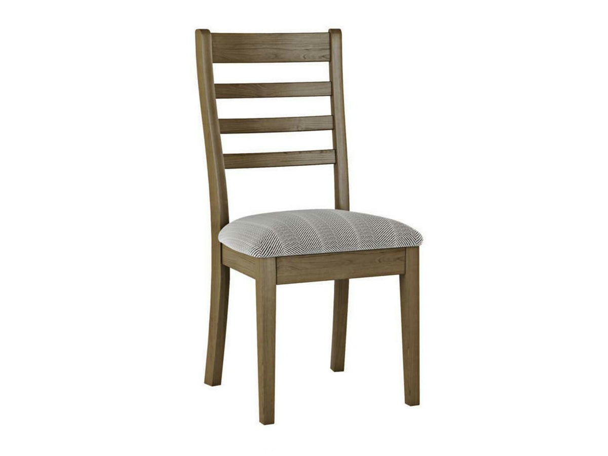 Taylor dining side chair in weathered gray oak with a three-rung ladder back and gray herringbone upholstered seat