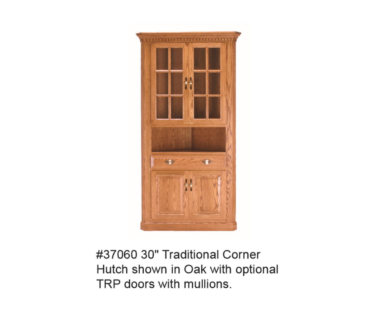 Traditional 30 inch corner hutch in oak with mullion glass upper doors, center display shelf, drawer and paneled base