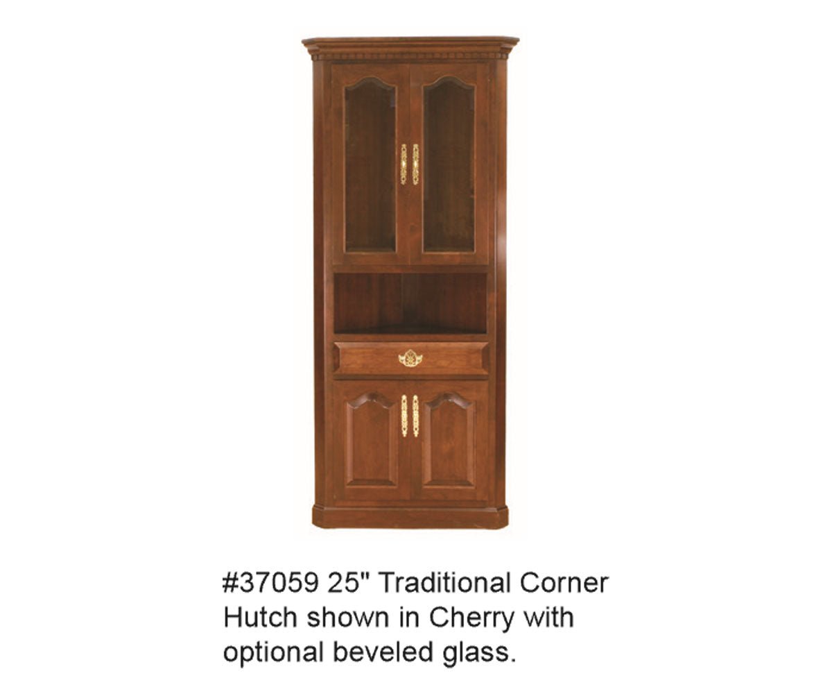 Traditional 25 inch corner hutch shown in cherry with optional beveled glass doors, an open shelf and lower cabinet