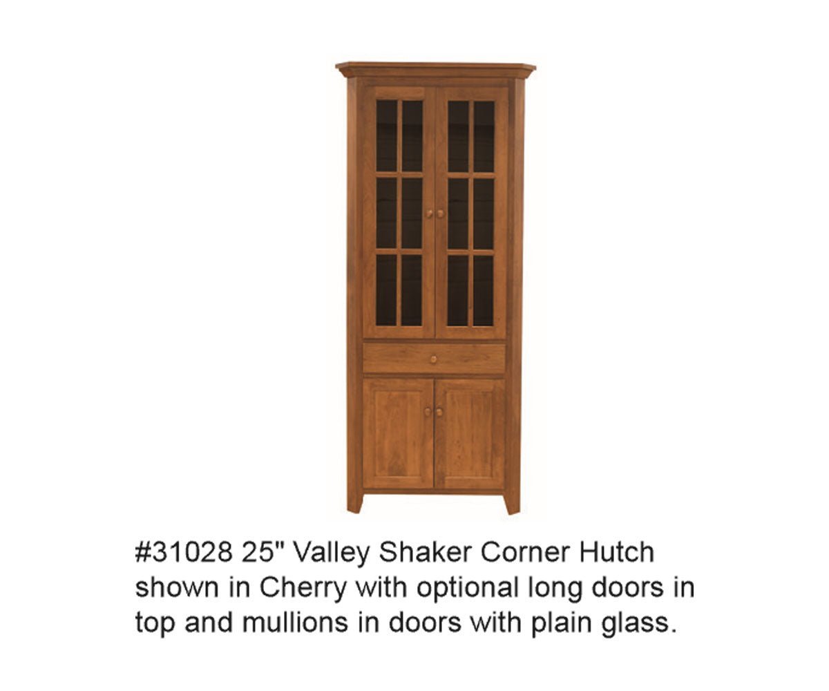 Valley Shaker 25 inch corner hutch in cherry with tall mullion glass doors, a drawer and two paneled lower doors