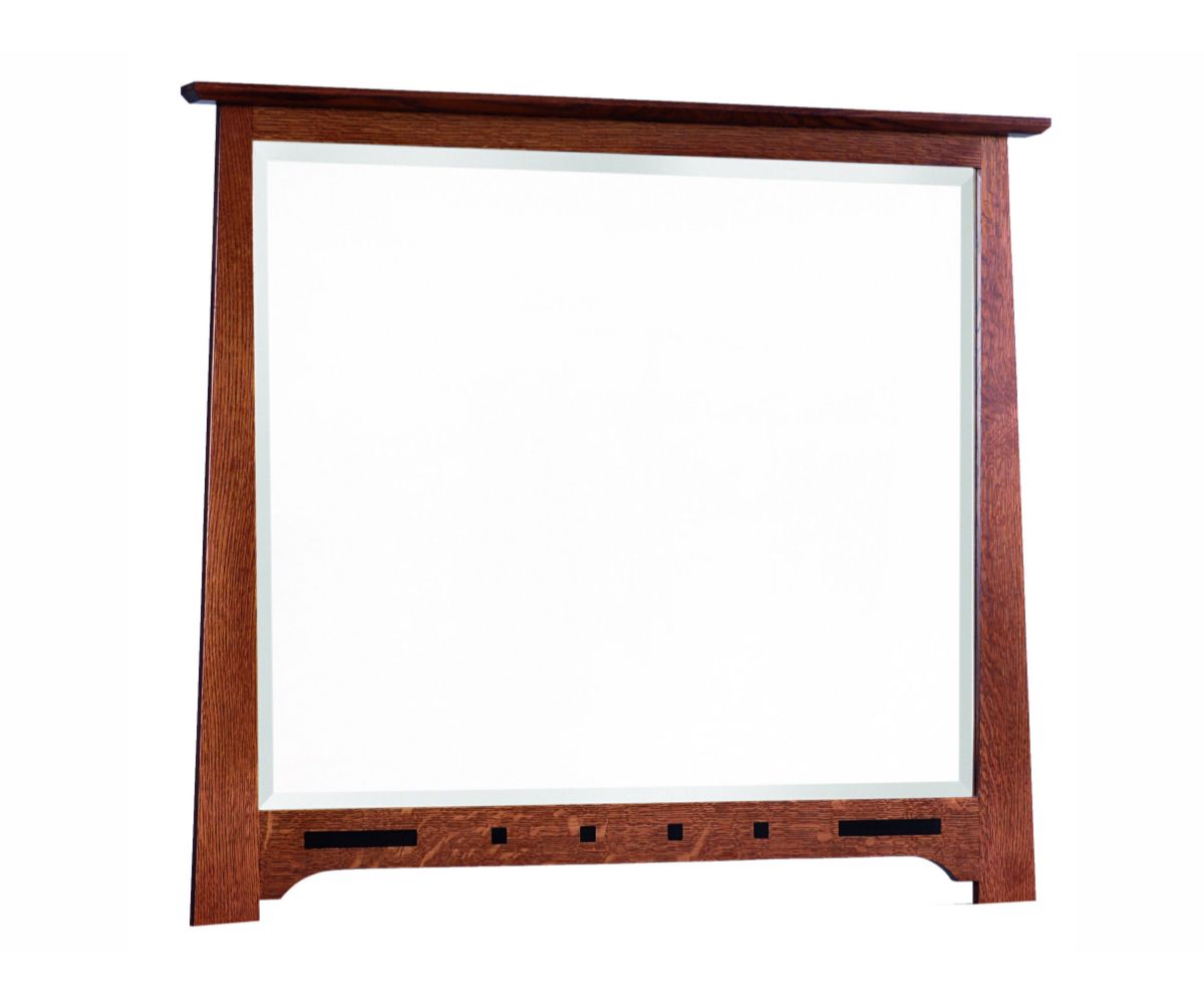Van Nuys dresser mirror in quartersawn oak with a flat top rail, angled sides and black inlaid squares along the base