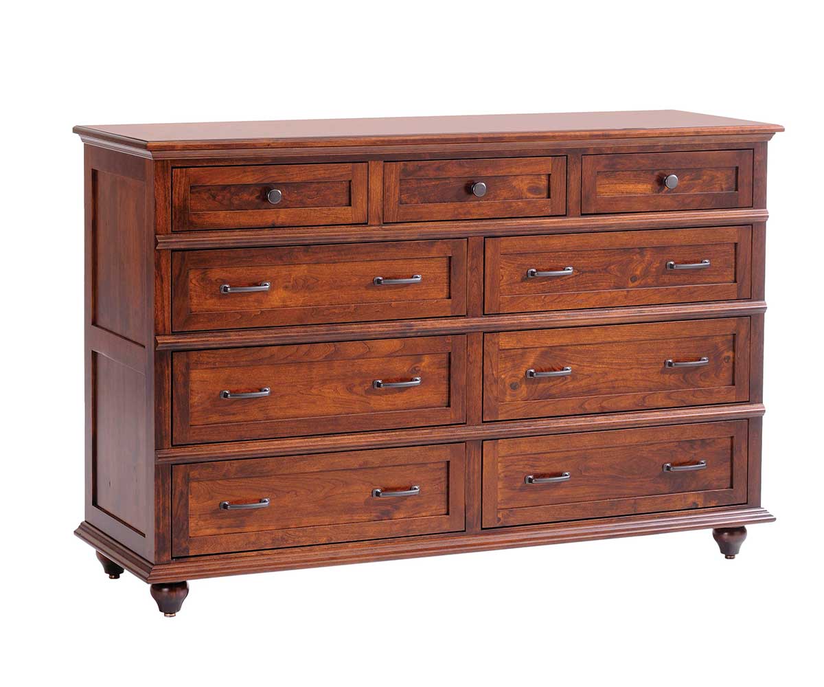 Nine-drawer dresser in cherry with three small top drawers with round knobs, six wide drawers with bar pulls and turned bun feet