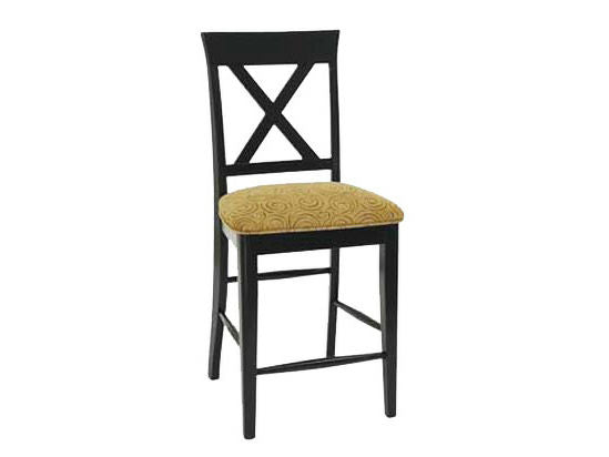 X-back counter stool in black painted wood with a gold patterned upholstered seat and footrest stretchers on white