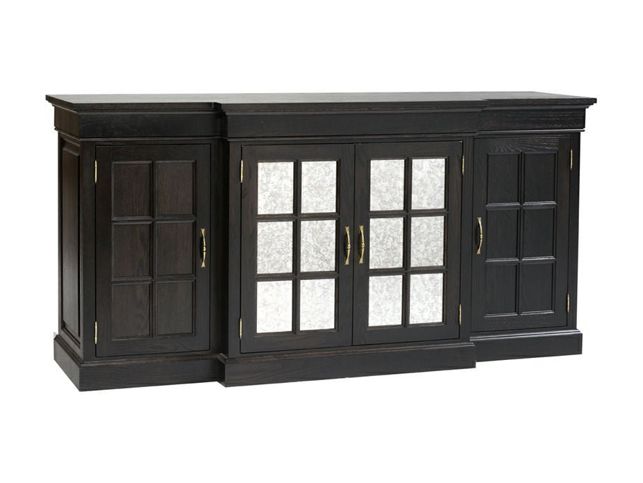 Black finished sideboard buffet with four doors, two paneled end doors and two center glass doors with grid mullions