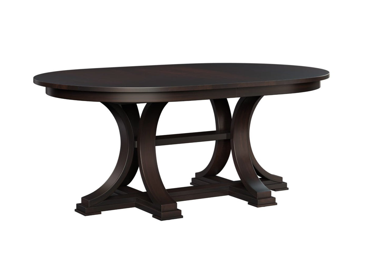 Oval dining table in a dark espresso finish with two curved arched pedestals and a stepped stretcher base on white