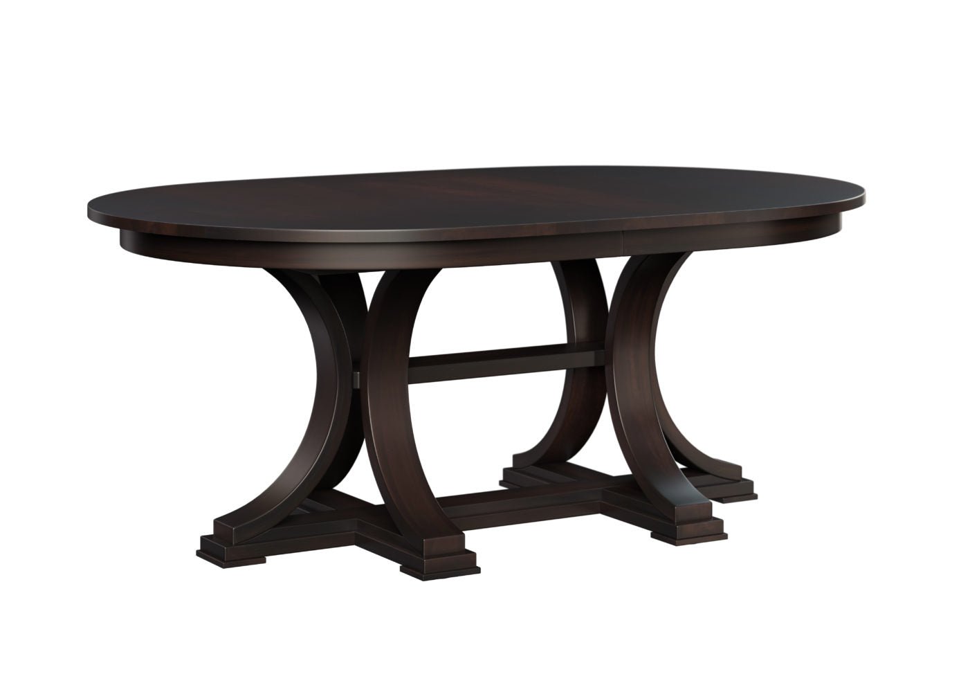 Oval double pedestal dining table in gray with curved base, round back leather chairs and abstract art in a bright room