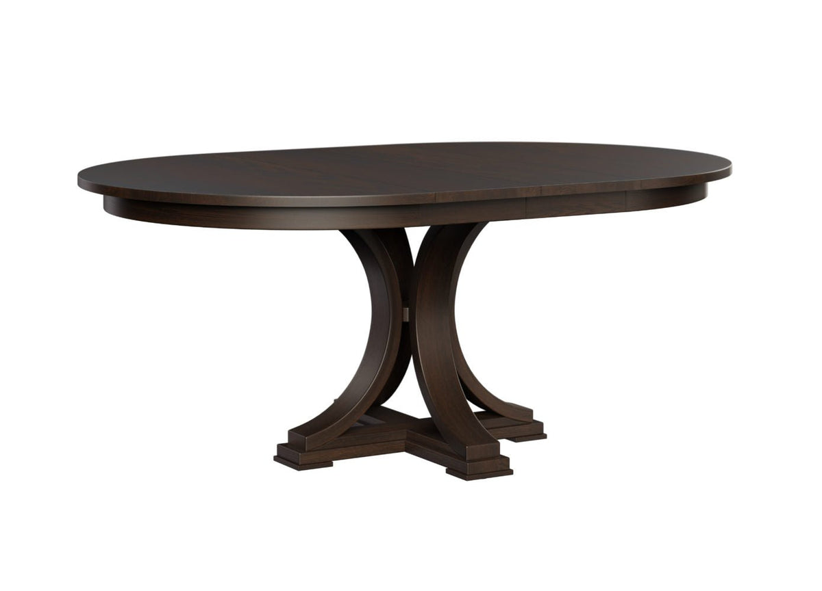 Oval single pedestal dining table in dark brown with a curved arched pedestal on a stepped cross base, on white