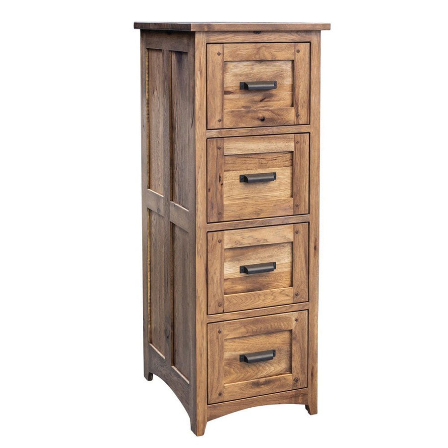 Four drawer solid hickory file cabinet with black bar handles, paneled sides and an arched foot rail