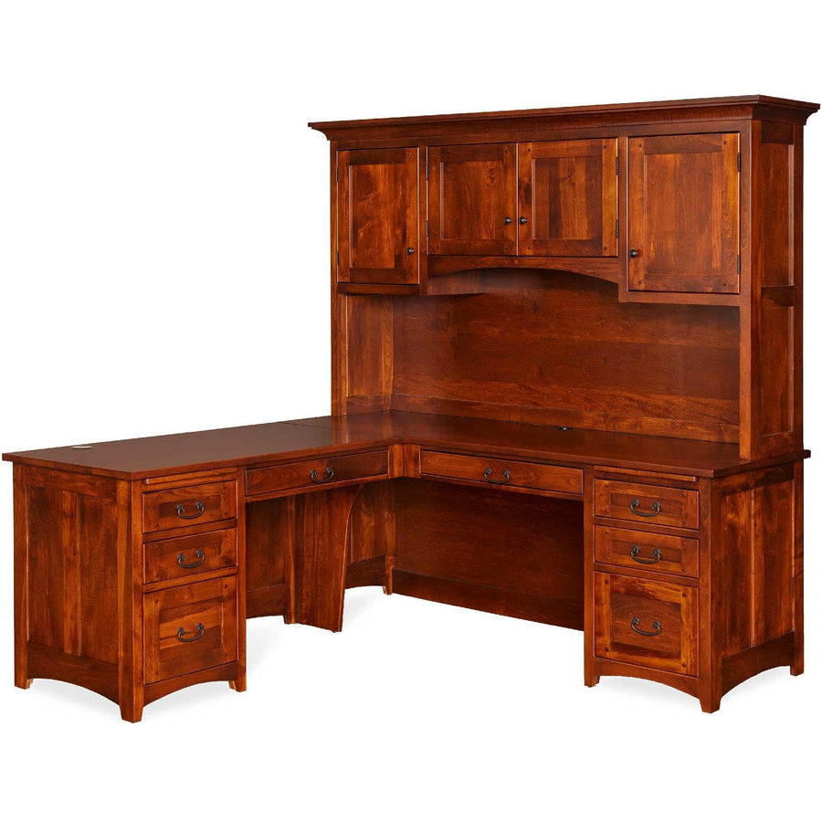 Cherry L shaped corner desk with a five door hutch, six drawers including two file drawers, on white