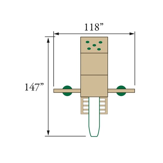 Footprint diagram of the wooden swing set showing a 118 inch width and 147 inch overall depth with slide and swings
