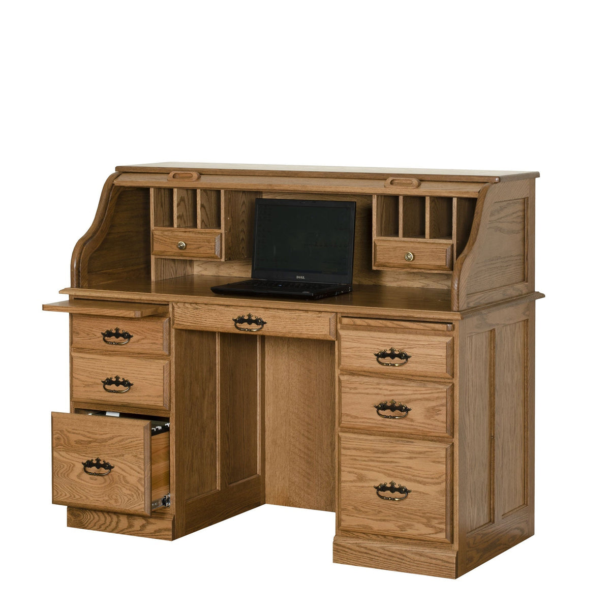 Oak roll top computer desk with a laptop, tambour open, six drawers and one file drawer pulled out