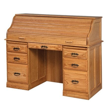 Oak roll top writing desk with the tambour closed, six drawers with dark bail pulls and open knee space