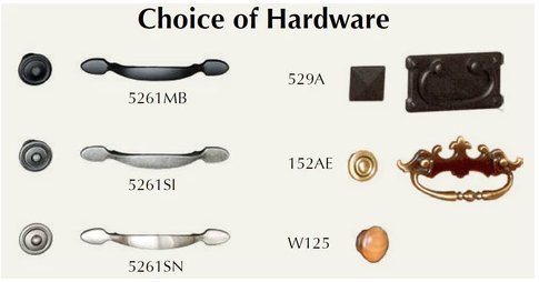 Hardware choice chart showing bail pulls and knobs in matte black, silver, satin nickel, brass and wood finishes