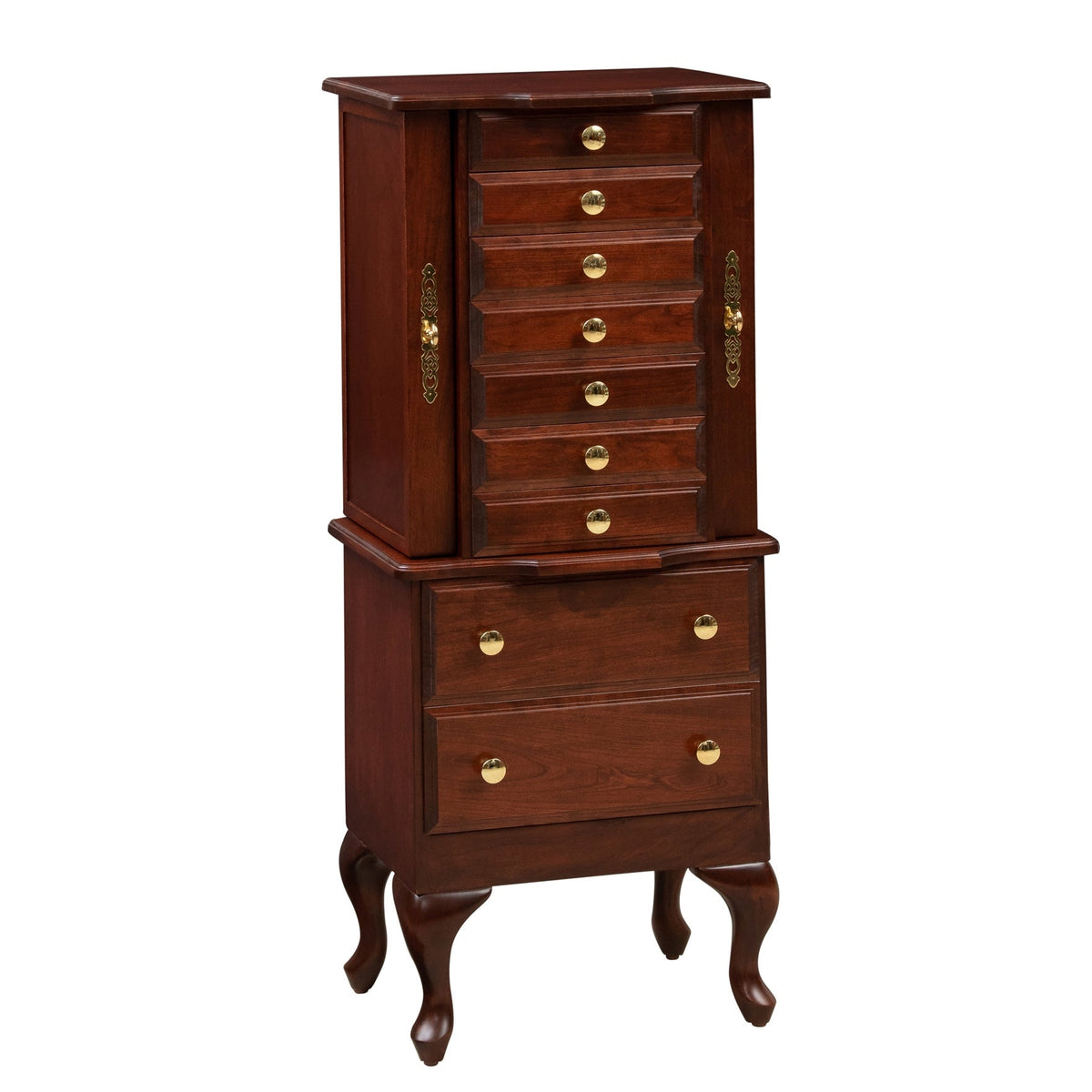 Queen Anne cherry jewelry armoire with seven drawers, brass knobs, side doors and cabriole legs
