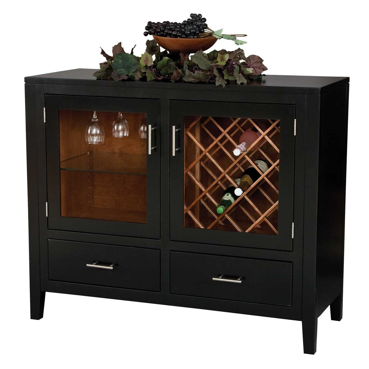 Black finished wine sideboard with glass doors revealing stemware racks and a diamond bottle lattice, topped with grapes