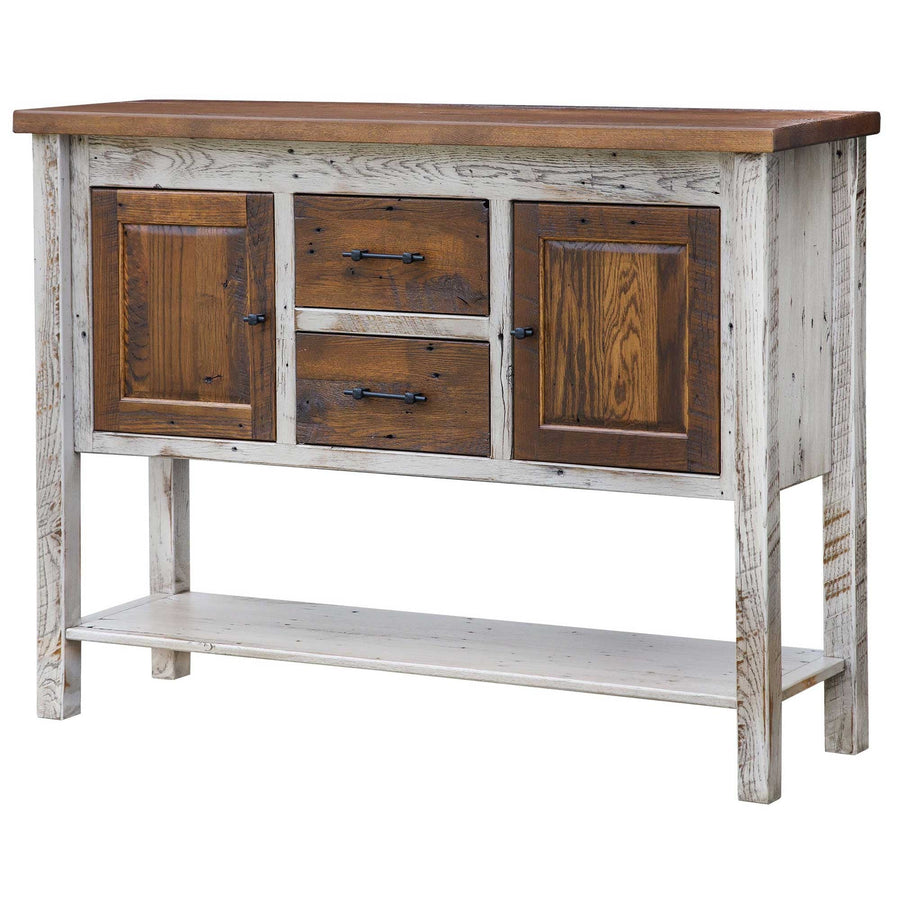 Reclaimed wood sideboard with two dark paneled doors, two drawers, a whitewashed frame and open bottom shelf