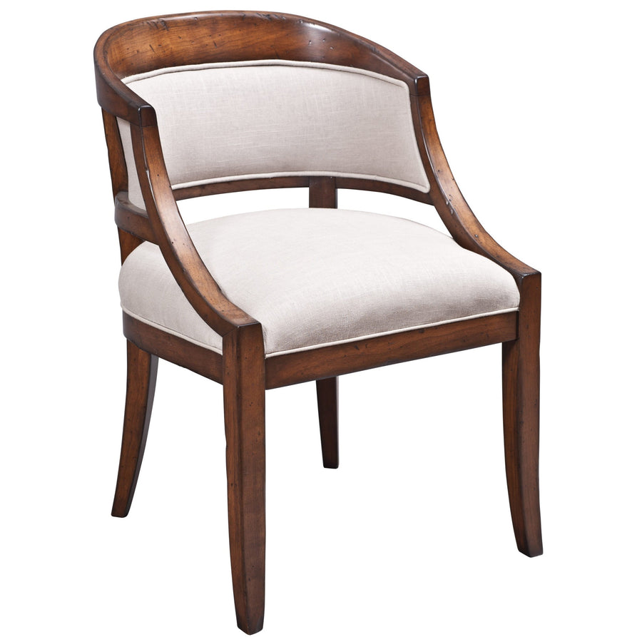 Curved back cushion arm chair in cherry with ivory linen seat and back panel and saber legs, white background