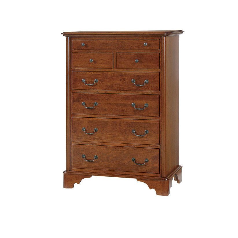 Seven drawer cherry chest with pewter bail pulls, molded top edge and bracket foot base