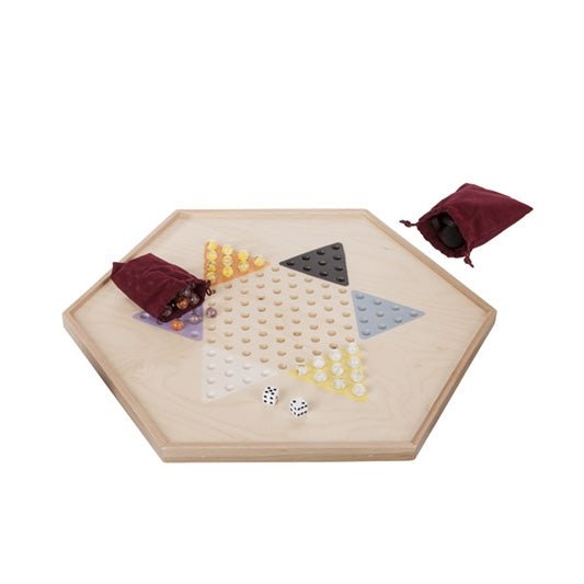 Wooden hexagon game board with a triangular Chinese checkers layout, colored marbles, dice and a felt pouch