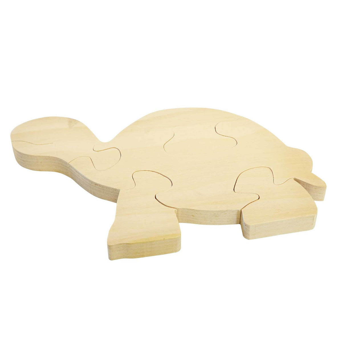 Turtle shaped chunky wooden jigsaw puzzle cut into six thick interlocking pieces in natural light wood