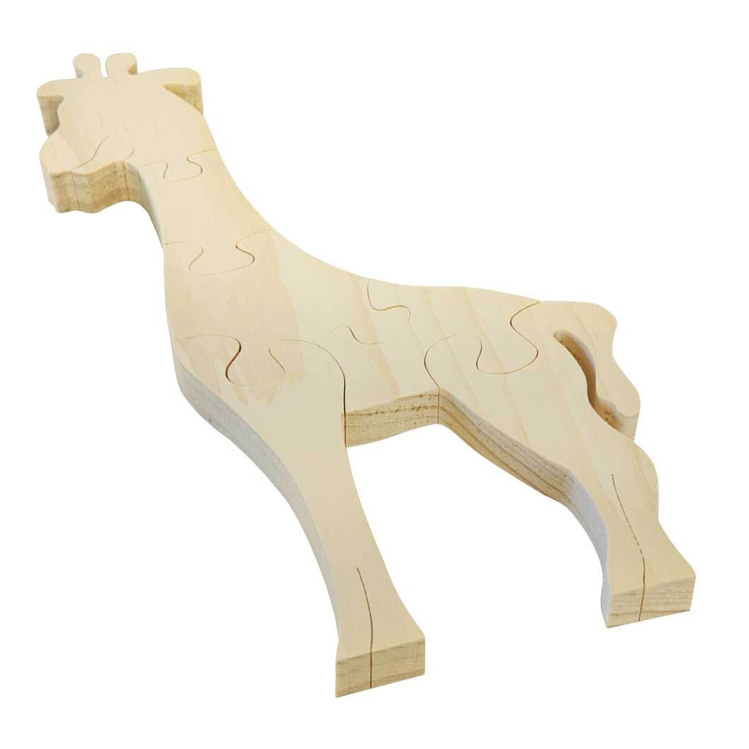 Giraffe shaped wooden jigsaw puzzle in pale maple with five thick interlocking pieces on a white background