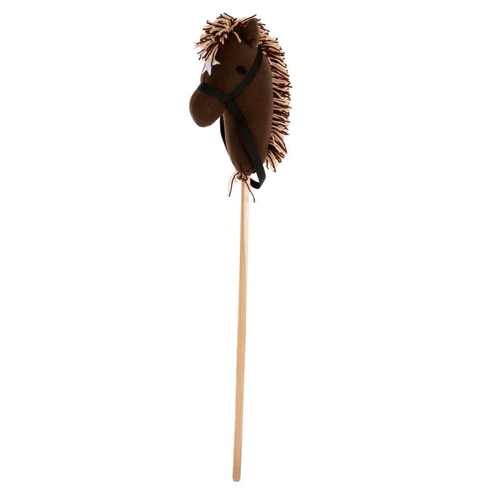 Brown plush stick horse with a tan yarn mane, white star blaze, black bridle and natural wood handle stick