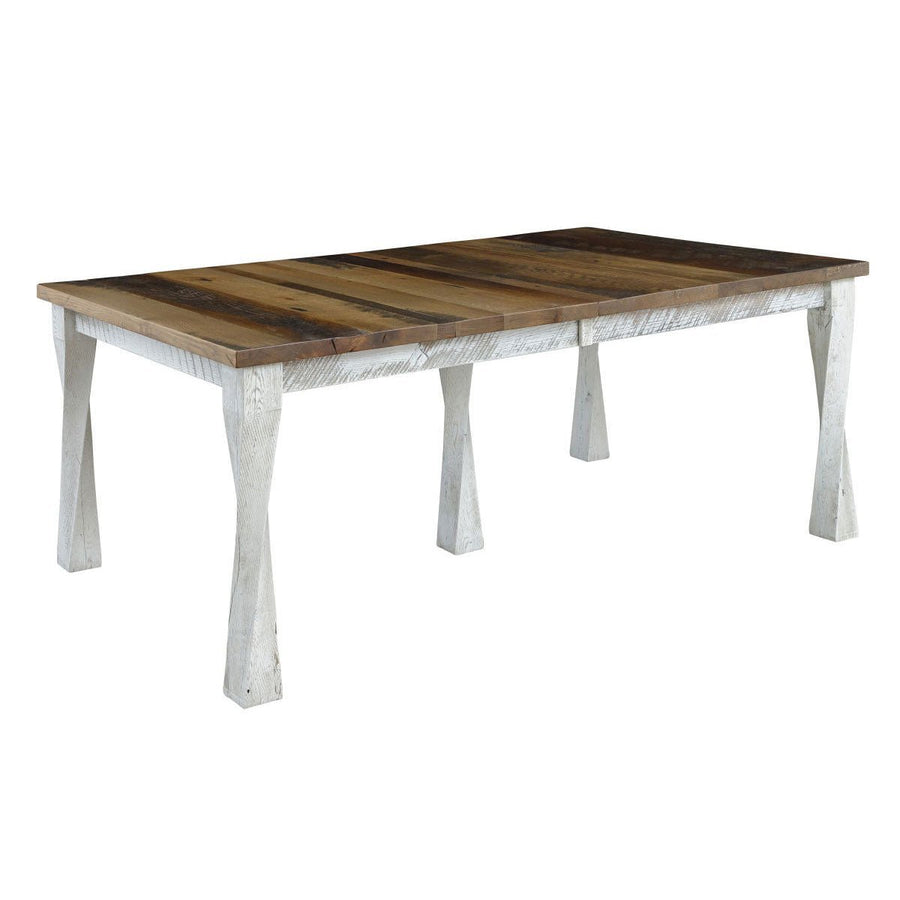 Reclaimed wood farm dining table with a warm brown plank top and four chunky distressed whitewashed legs