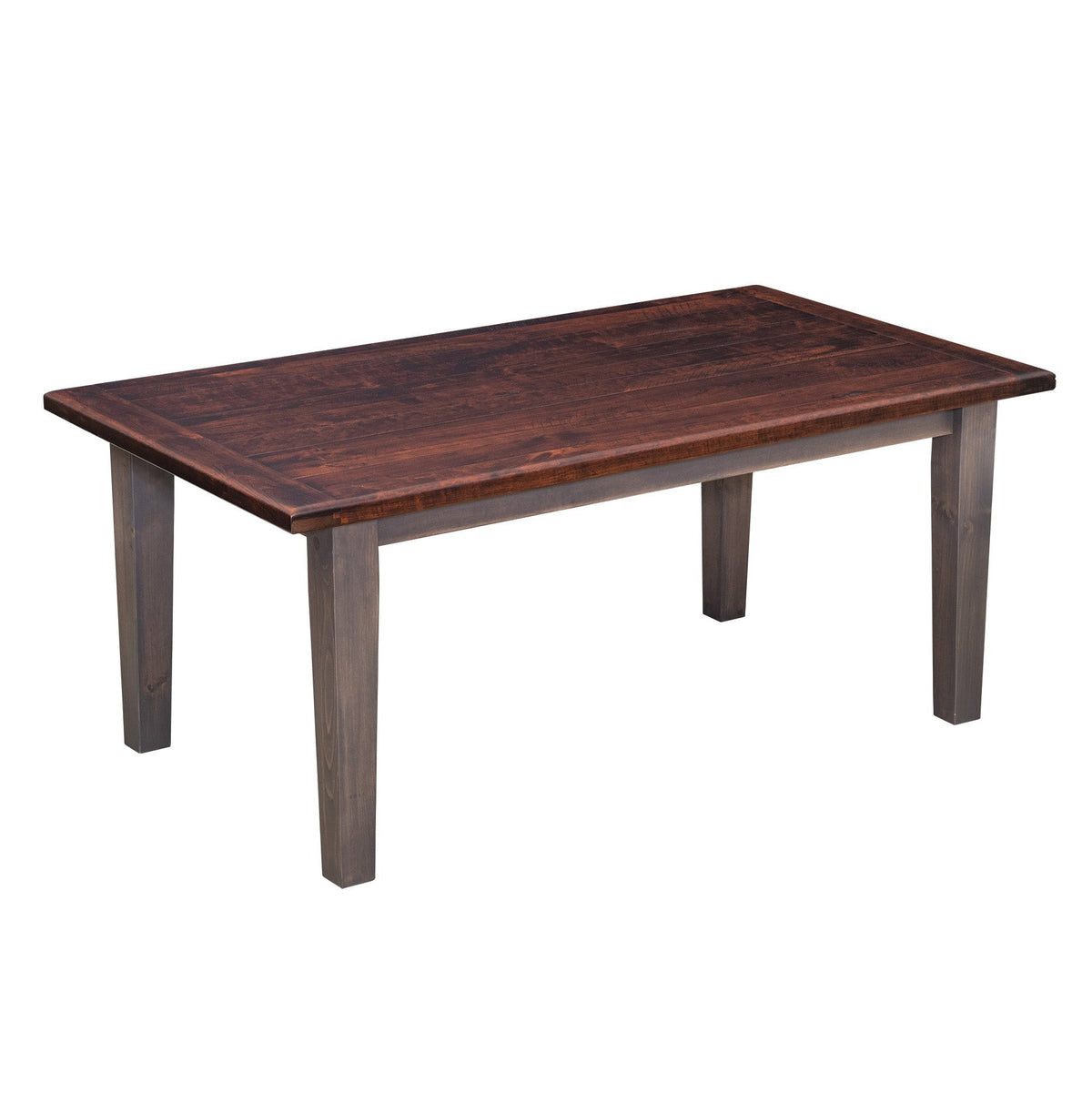 Thick plank top farm table in dark cherry with breadboard ends over gray stained square tapered legs