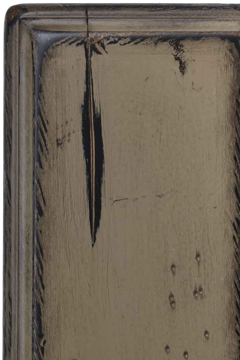 Antiquated Cracked Pepper on brown maple, a warm gray-taupe painted panel with black distress streaks and worn molded edges