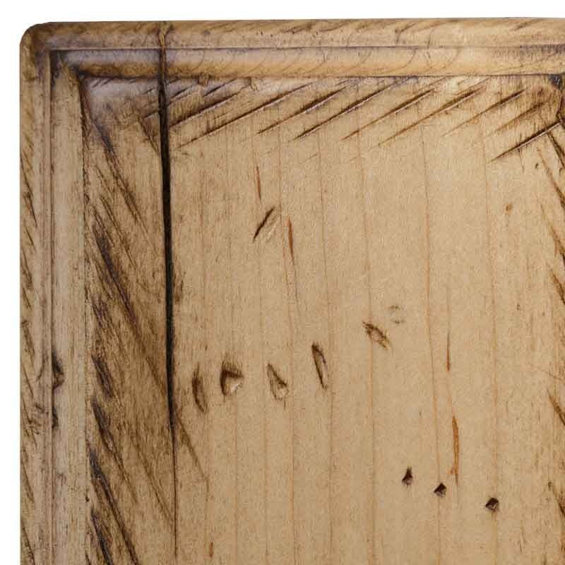 Natural antiqued maple sample corner, pale honey wood with heavy hand distressing, punched worm holes and rounded molding
