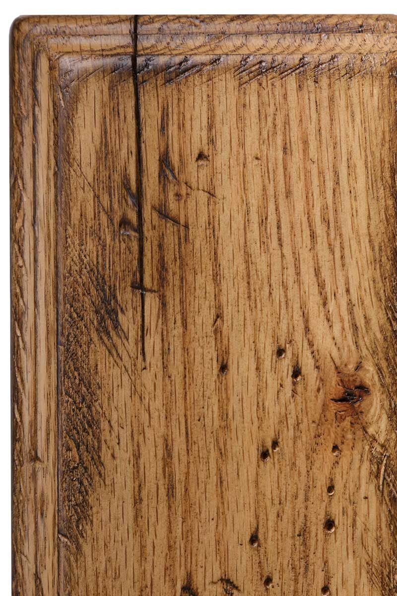 Antiquated Natural on rustic oak, a golden oak sample panel with open grain, small knots, worm holes and darkened distress marks