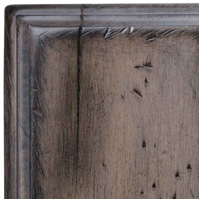 Pewter antiqued maple sample corner, driftwood gray-taupe finish with scraped texture and punched distress holes