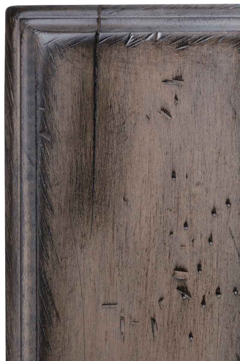 Antiquated Pewter on brown maple, a weathered gray-brown panel with dense chisel dents, worm holes and dark molded edges