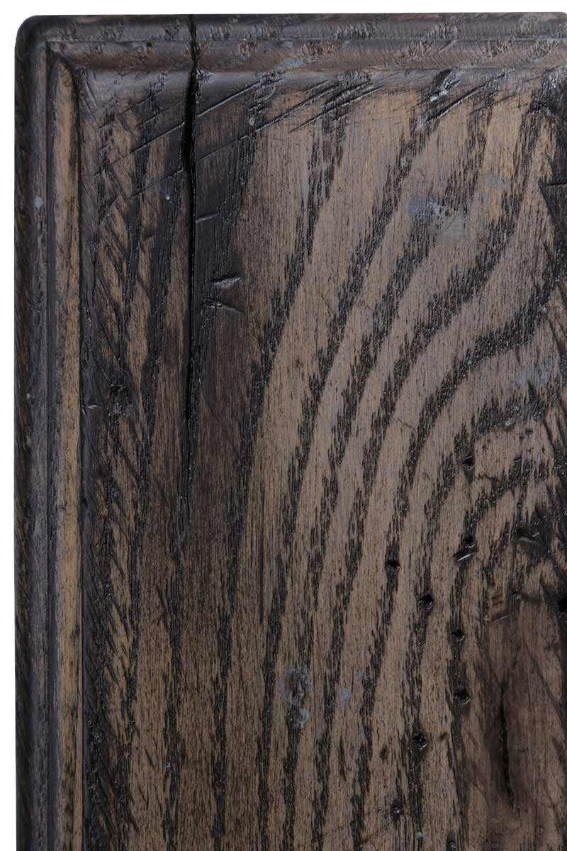 Antiquated Pewter on rustic oak, a smoky gray-brown panel where black open grain contrasts with worm holes and a corner check