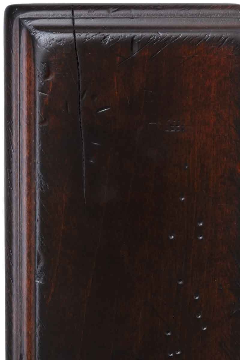 Antiquated Rich Cherry on brown maple, a deep red-brown panel with a glossy sheen, corner check and punched worm holes