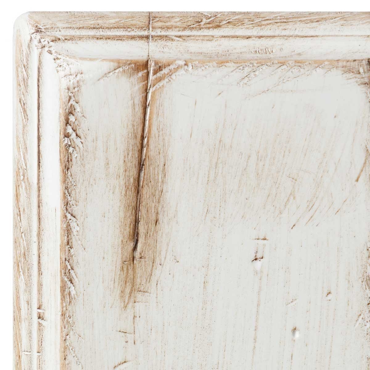 White antiqued maple sample corner, worn white paint over brown maple with a corner check and chiseled distress marks