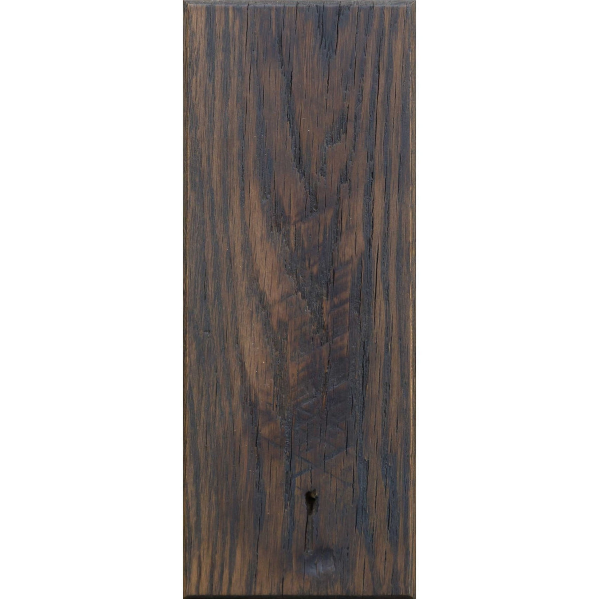 Antique Slate finish on oak barnwood sample, a dark gray brown plank with deep cracks and knot
