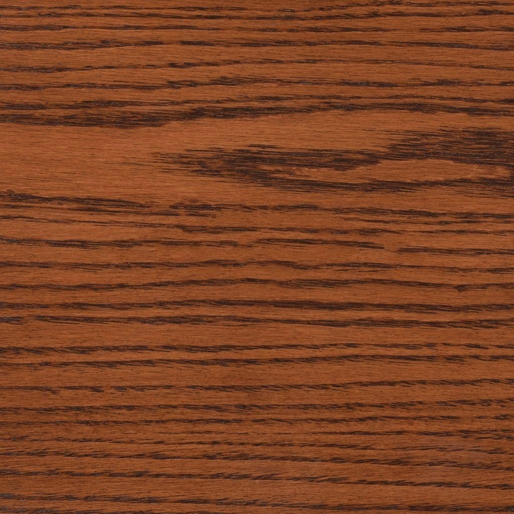 Asbury stain on oak, a warm amber red brown swatch with pronounced open oak grain lines