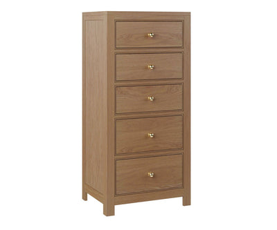 Tall narrow lingerie chest in light oak with five drawers, brass ball knobs and framed panel sides